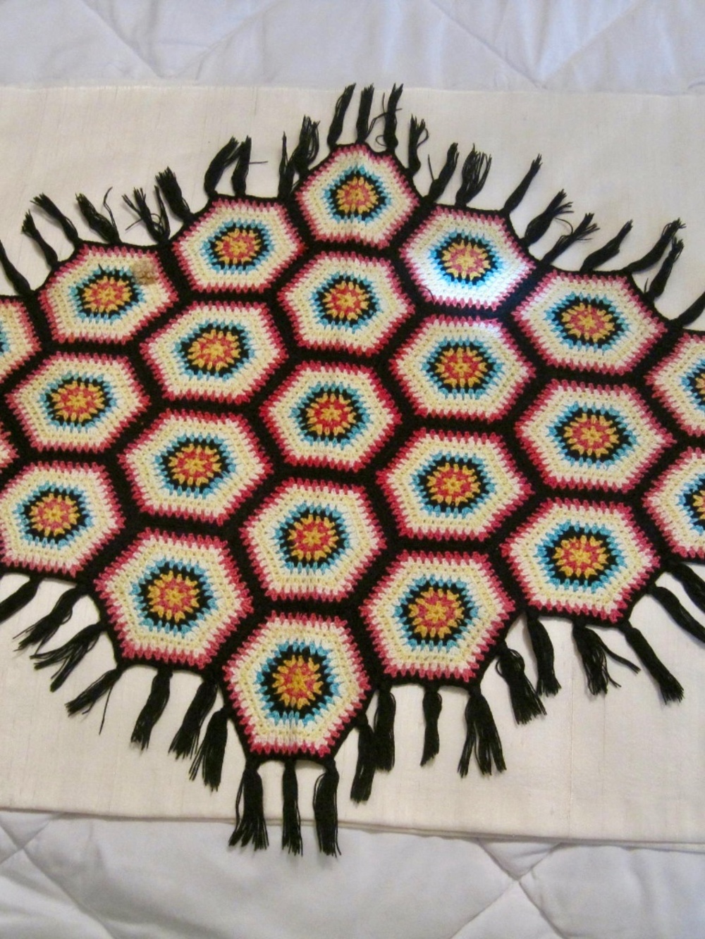 Vtge 50's Multi-Colour Crochet Small Tablecloth, Abstract Design. Made in Brazil